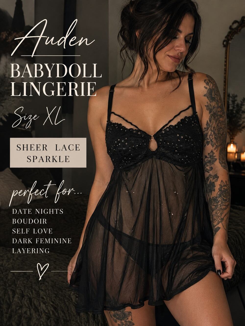 Auden Black Sheer Lace Sparkle Babydoll Lingerie Size XL Y2K Gothic Whimsigoth